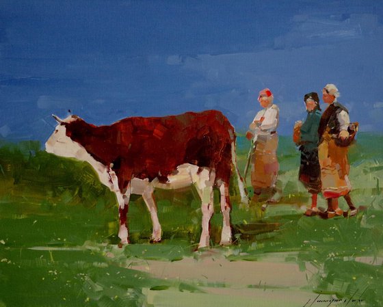 Cows- Back to Home, Original oil Painting, One of a kind