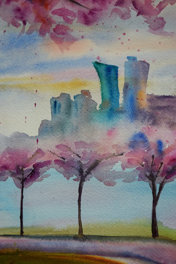 New York painting, Sakura flowers original watercolor painting, spring Manhattan