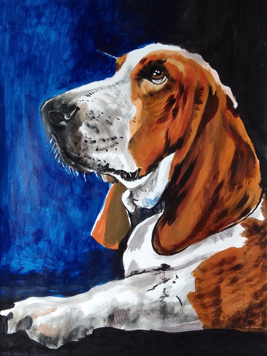 Photorealistic Animal Acrylic Painting By Soso Kumsiashvili, 24 X 33", Basset Hound, Original Artwork