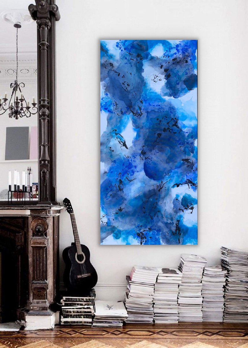 Organic Abstract Acrylic Painting By Veronica Vilsan, 33 X 71", Blue Flame 7, Original Artwork