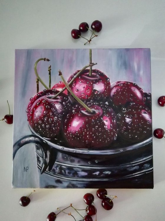 Ripe cherries in a bowl , gift, original oil painting