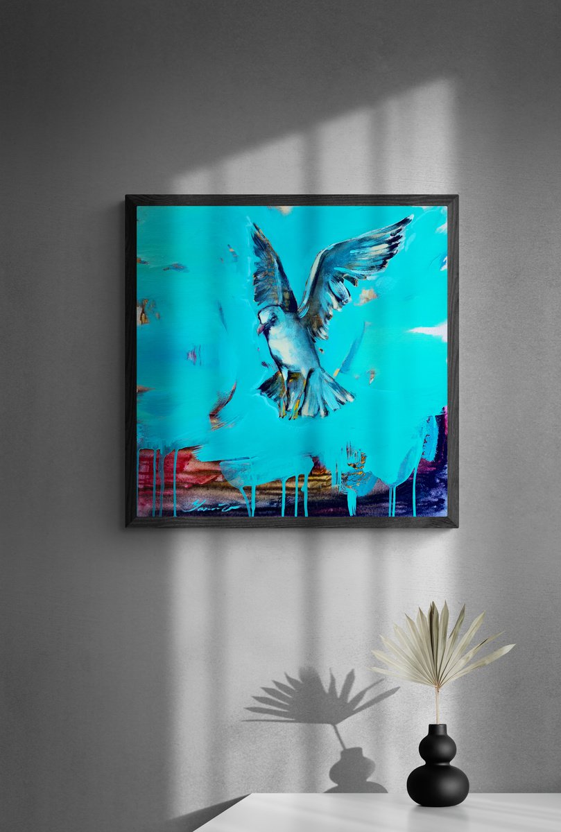 Expressive Animal Acrylic Painting By Yaroslav Yasenev, 24 X 24", Flying Seagull, Original Artwork