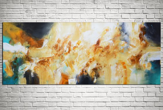 Yellow and blue Abstract Painting ready to hang - Sea caves (24" x 72" - 60 cm x 182 cm)