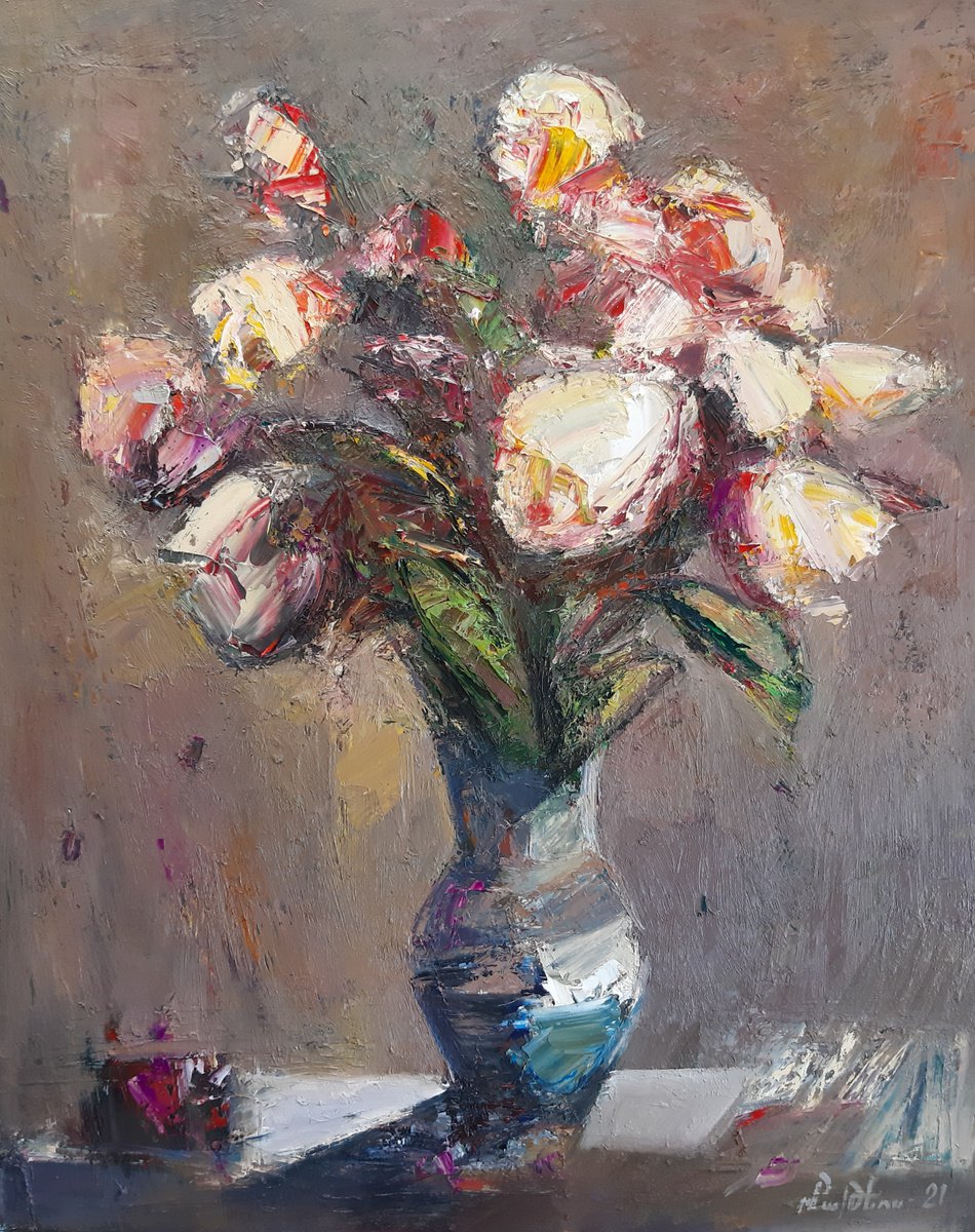 Abstract flowers in vase-2 (50x60cm, oil painting, palette knife) by Mateos Sargsyan