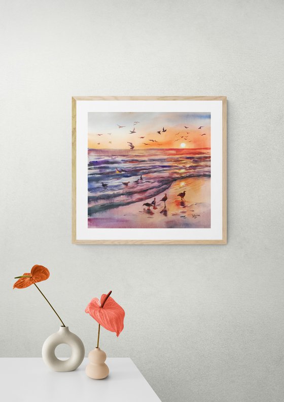 Sunset at sea. Seascape watercolor.