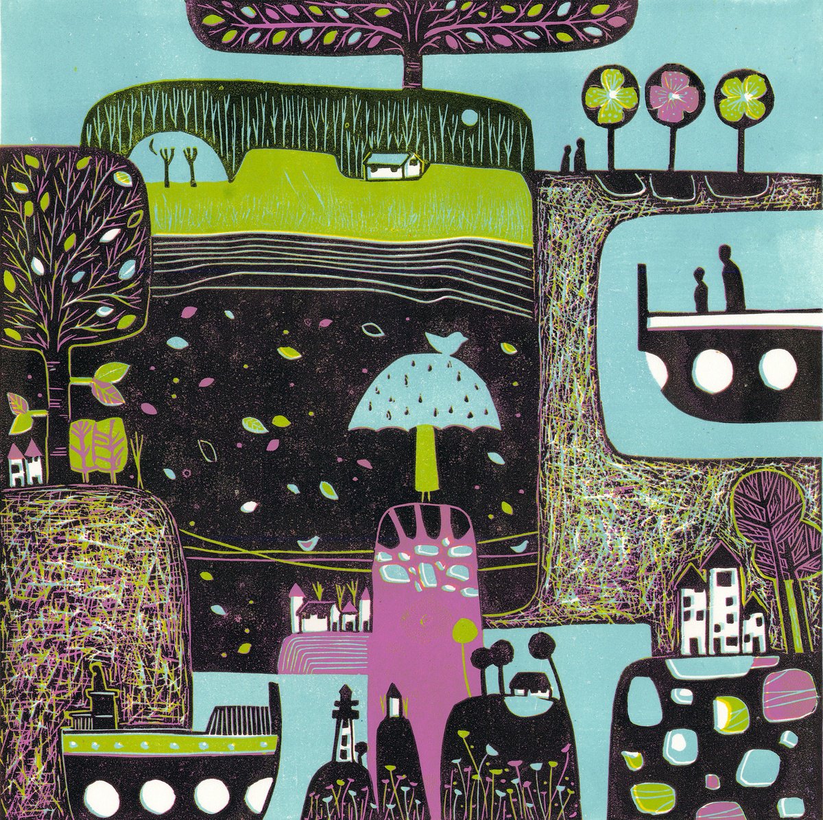 Graphic Landscape Linocut By Layla Khani (Aka Laylart), 15 X 15", 