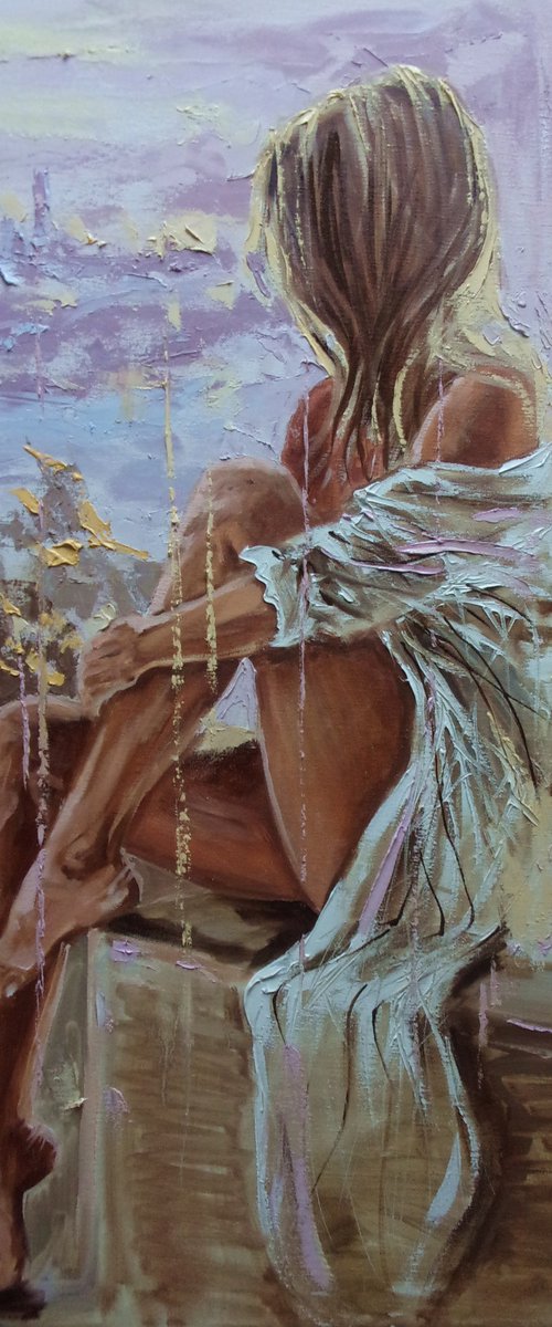 " OVER THE ROOFS ... "-   liGHt  ORIGINAL OIL PAINTING, GIFT, PALETTE KNIFE nude WINDOW by Monika Luniak
