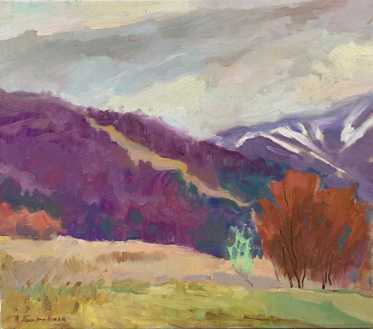 Impressionistic Landscape Oil Painting By Andriy Berekelia, 20 X 18, Purple Mountain Landscape, Original Artwork