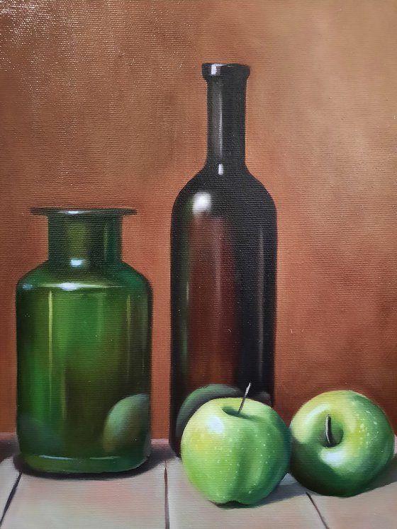 Still life apples and bottle (40x60cm, oil painting, ready to hang)