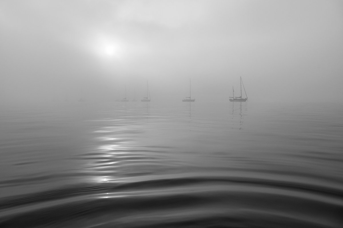 Photorealistic Landscape Photograph By Andrew Lever, 60 X 40, Foggy Boats, Original Artwork