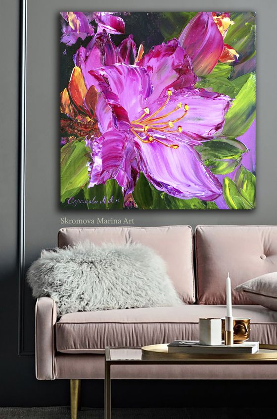 HOT PINK LILY - Large bud. Blooming lily. Bright flower. Close-up. Aroma. Water flower. Find.
