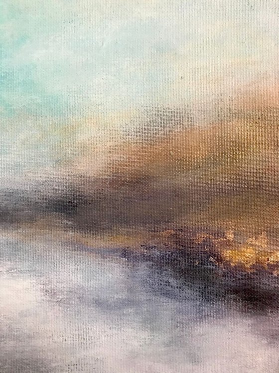 Abstract landscape misty winter atmospheric with gold leaf turquoise