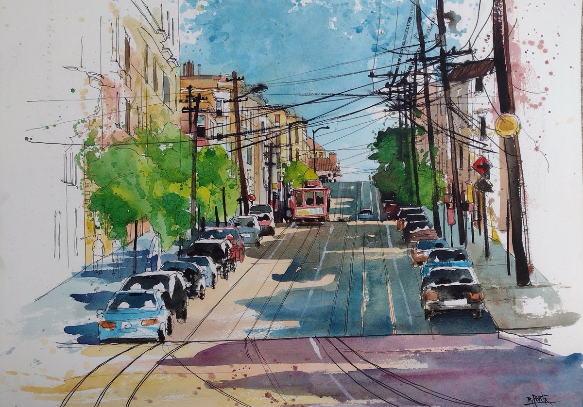 Impressionistic Cityscapes Watercolour By Roberto Ponte, 22 X 17", St Francisco, California, Original Artwork