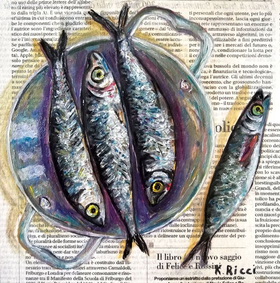 "Fishes in a Pan on Newspaper" Original Oil on Canvas Board Painting 8 by 8 inches (20x20 cm)