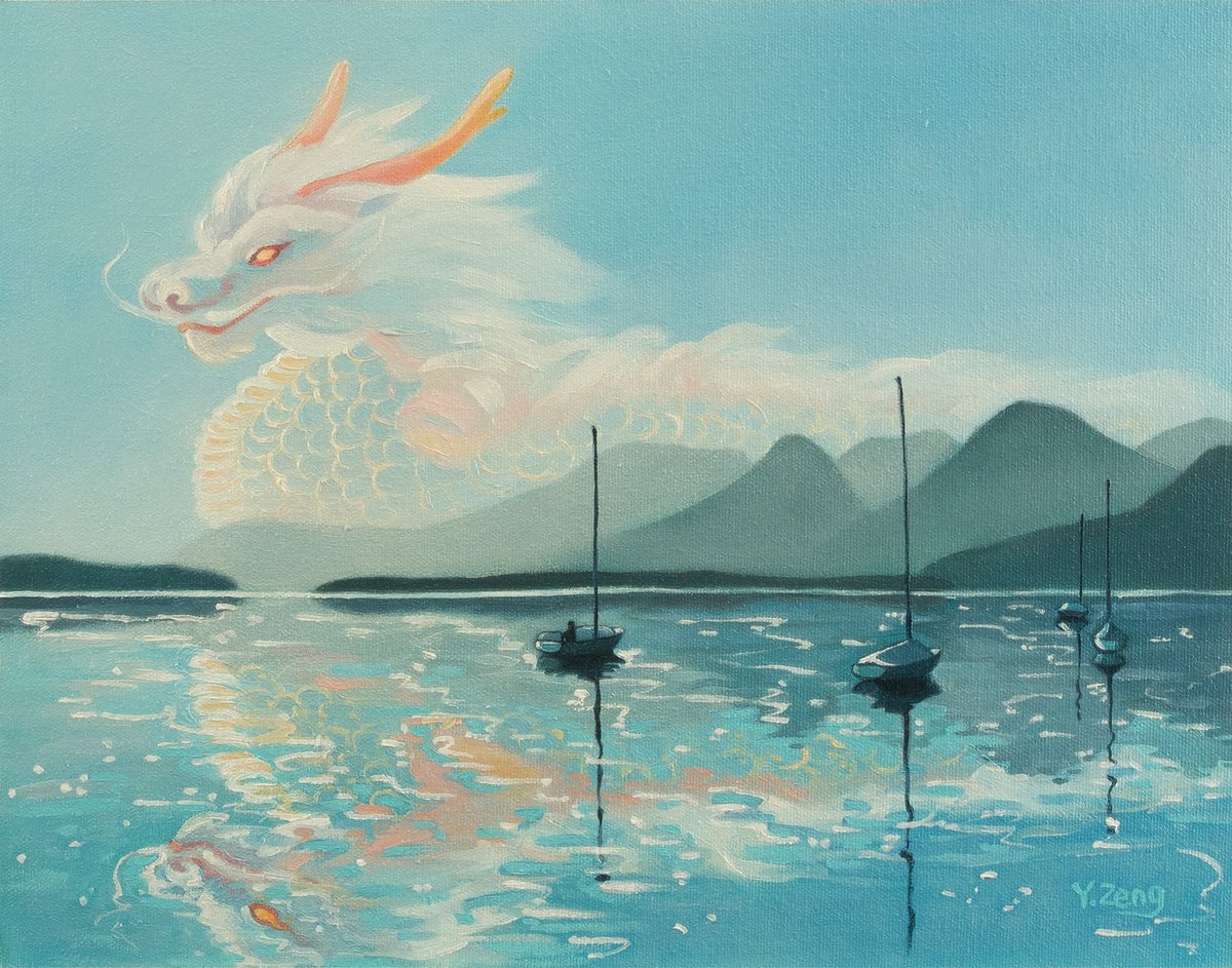 Surrealistic Animal Oil Painting By Yue Zeng, 14 X 11", Dragon In Distance, Original Artwork