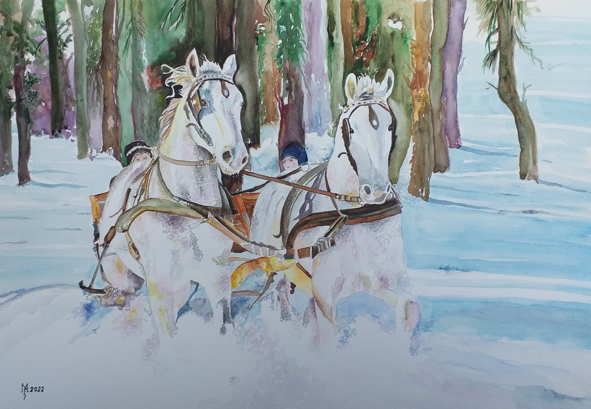 Impressionistic Animal Watercolour By Zoran Mihajlovic Muza, 26 X 18", Winter Story, Original Artwork