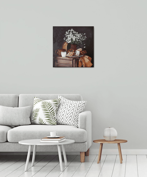 Rural still life, Pastries and White flowers