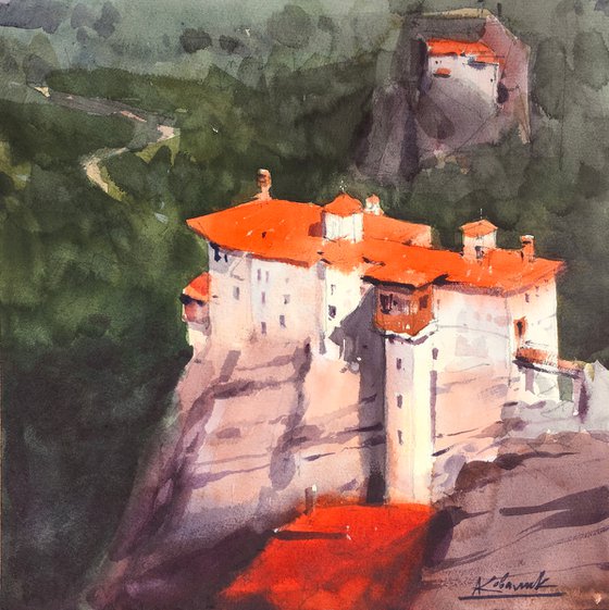 The original watercolor painting "Meteora, Greece. Rusanou Monastery"