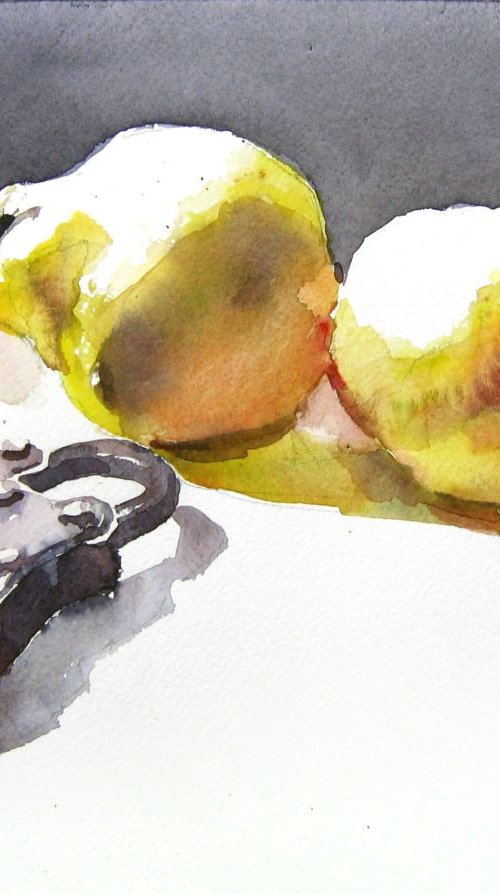 still life with quinces and old  padlock by Goran Žigolić Watercolors