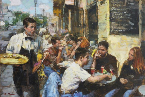 Oil Painting on Canvas "Street Cafe"