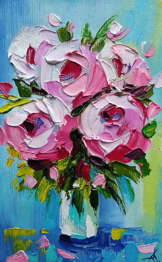 Roses -  small bouquet, rose, small painting, bouquet, flowers oil painting, oil painting, flowers,  postcard, gift idea, gift