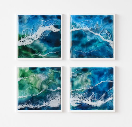 Blue lake - set of 4 original seascape painting, polyptych