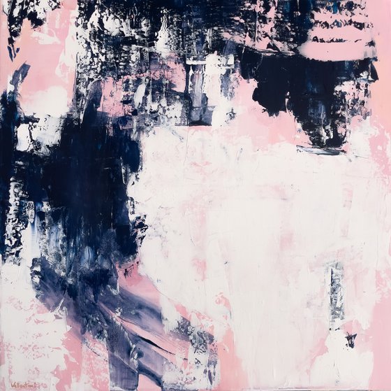 PALE PINK ILLUSIONS - 70 x 70 CM - ABSTRACT PAINTING ON CANVAS * BRIGHT PINK* GREY * DEEP BLUE