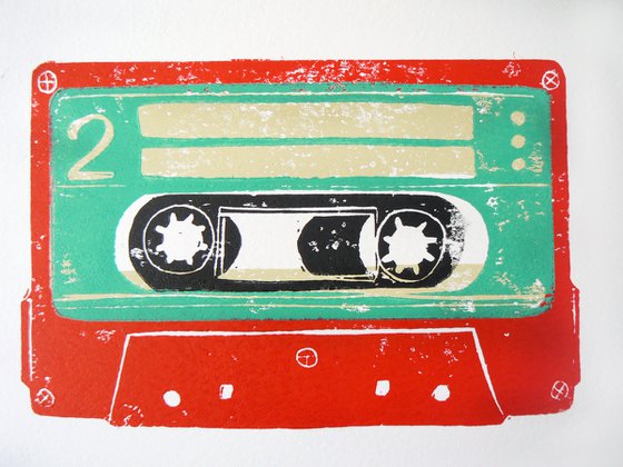 Linocut tapes #23 (cassette tapes, retro music, 70's, 80's rock culture)