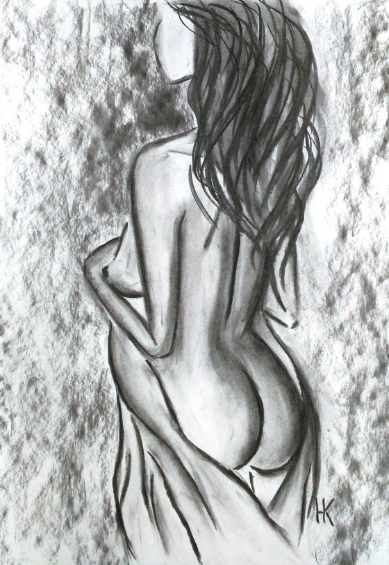 Female Nude Drawing Original Charcoal Sketch Black Monochrome Artwork Woman Nude Back View Home Wall Art 12 by 17"