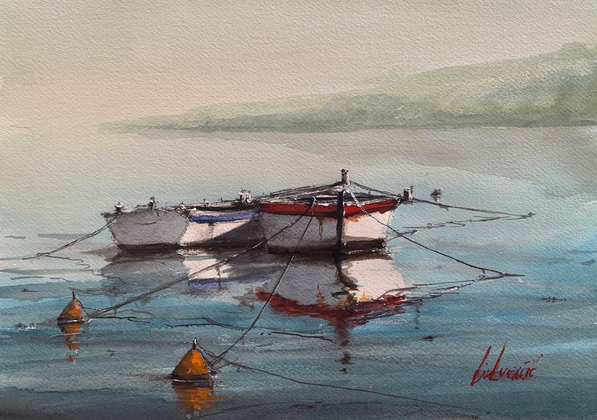 Impressionistic Landscape Watercolour By Tihomir Cirkvencic, 13 X 9", Old Boats, Original Artwork