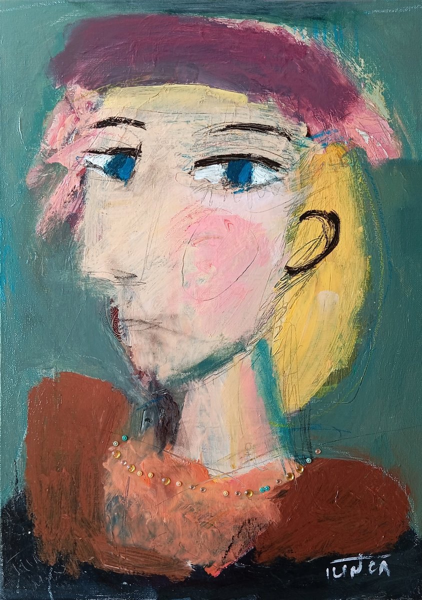 Organic Portrait Acrylic Painting By Catalin Ilinca, 13 X 18, Girl With Purple Beret, Original Artwork