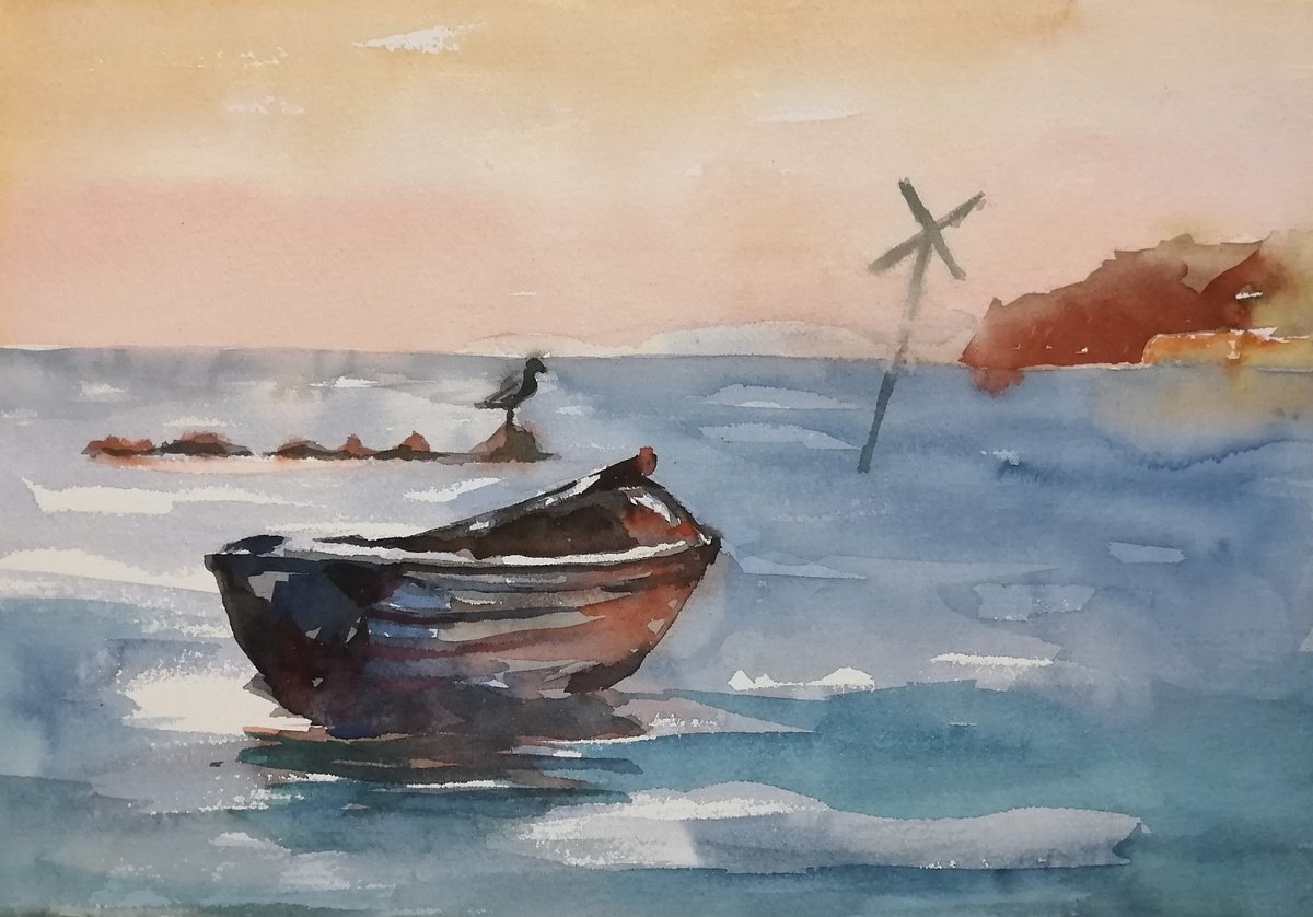 Photorealistic Landscape Watercolour By Olga David, 14 X 10", Fishing Boat In The Sea, Island Ruegen, Original Artwork