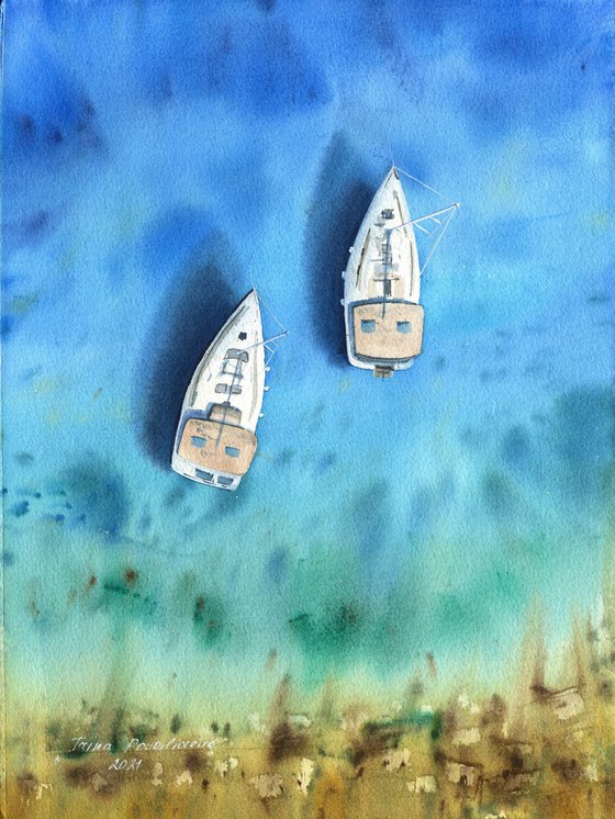 Beach wall art boats in the ocean original watercolor painting , coastal artwork, blue ocean wall art