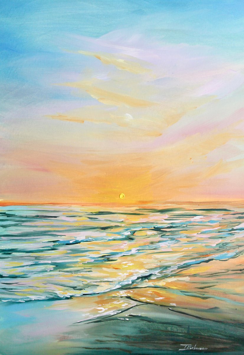 Impressionistic Landscape Oil Painting By Liza Illichmann, 12 X 17", Sunrise, Original Artwork