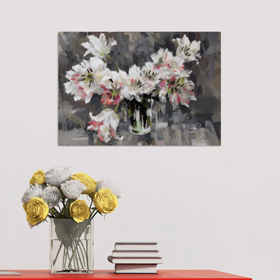 white spring tulips. One of a kind, original painting, handmade work, gift.