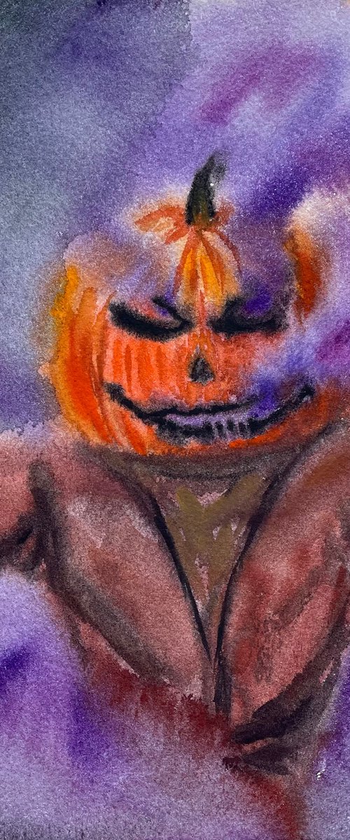 Halloween Watercolor Painting Original, Scarecrow Artwork, Spooky Season Wall Art by Kate Grishakova