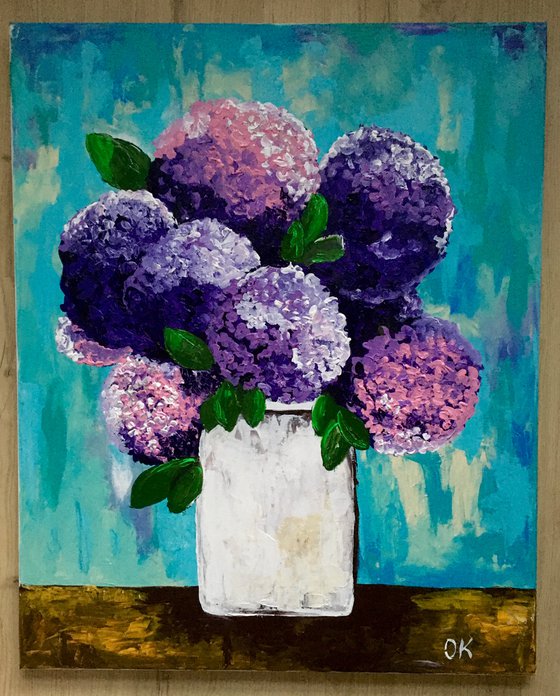 BOUQUET OF Purple and Pink  hydrangea in a white vase palette  knife Original Acrylic painting office home decor gift