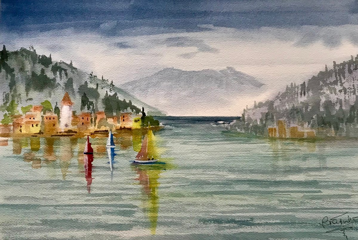 Impressionistic Watercolour , Misty Morning At Lake Como By Brian Tucker, 18 X 13, Artwork For Sale On Artfinder