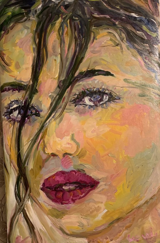 CURL GIRL - female portrait, face, love, original oil painting Valentine 80x50