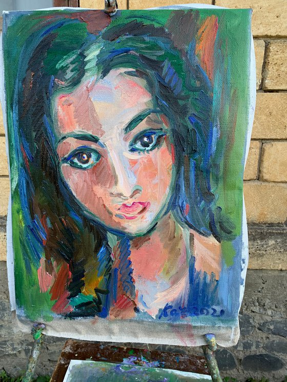 PORTRAIT OF A BEAUTIFUL ISRAELI WOMAN  female portrait, beautiful face, original oil painting, love, young girl 65x50