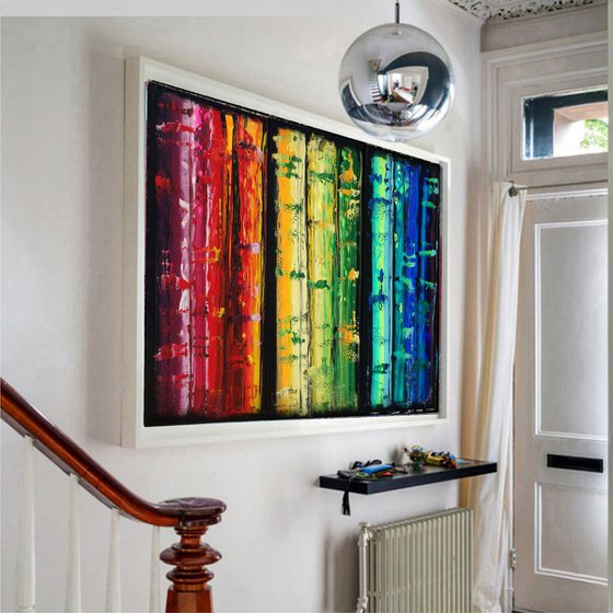 Rainbow A352 Large abstract paintings Palette knife 100x150x2 cm set of 3 original abstract acrylic paintings on stretched canvas