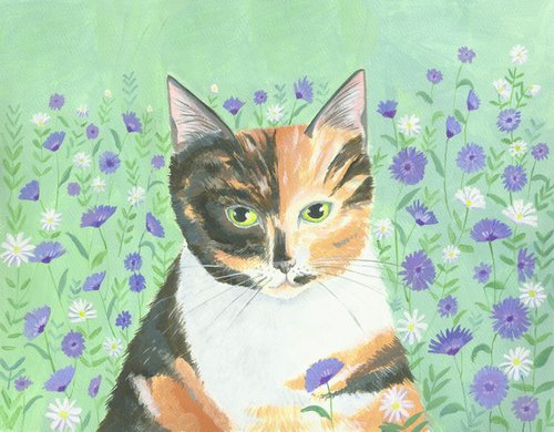 Calico cat with cornflowers by Mary Stubberfield