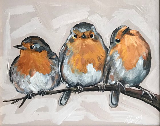 Robin bird Oil Painting framed 23.5x28.5 cm