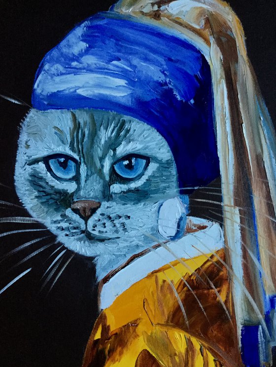 Cat with the pearl earring and blue eyes  inspired by Vermeer painting feline art for cat lovers gift idea