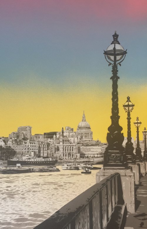 View of St Pauls from the South Bank - London City Skyline Cityscape over River Thames in Pop Art Style with Yellow, Blue, Pink Spray Paint by Johnman