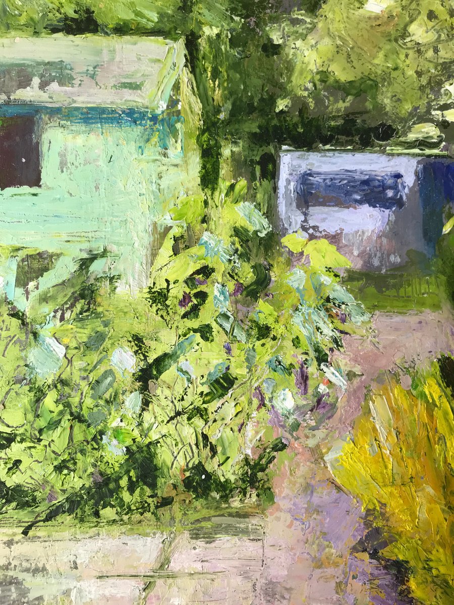 Impressionistic Botanical Oil Painting By Sandra Haney, 12 X 13", Two Garden Sheds, Original Artwork