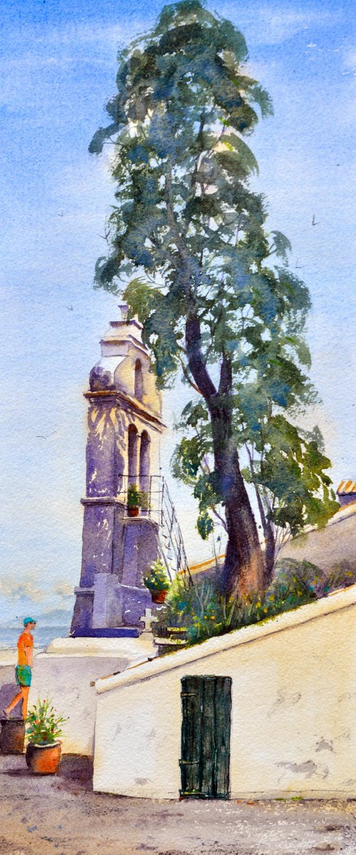 Church and tree Corfu Greece 23x54cm 2022 by Nenad Kojić watercolorist