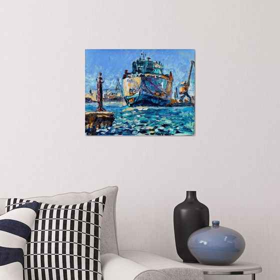 Ship in the Black Sea, 47*37cm, impressionistic oil impasto landscape painting