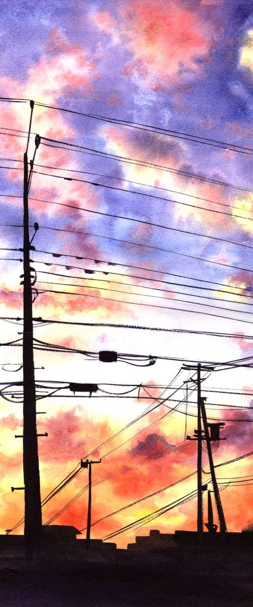 Power lines - sunset - clouds by Olga Beliaeva Watercolour