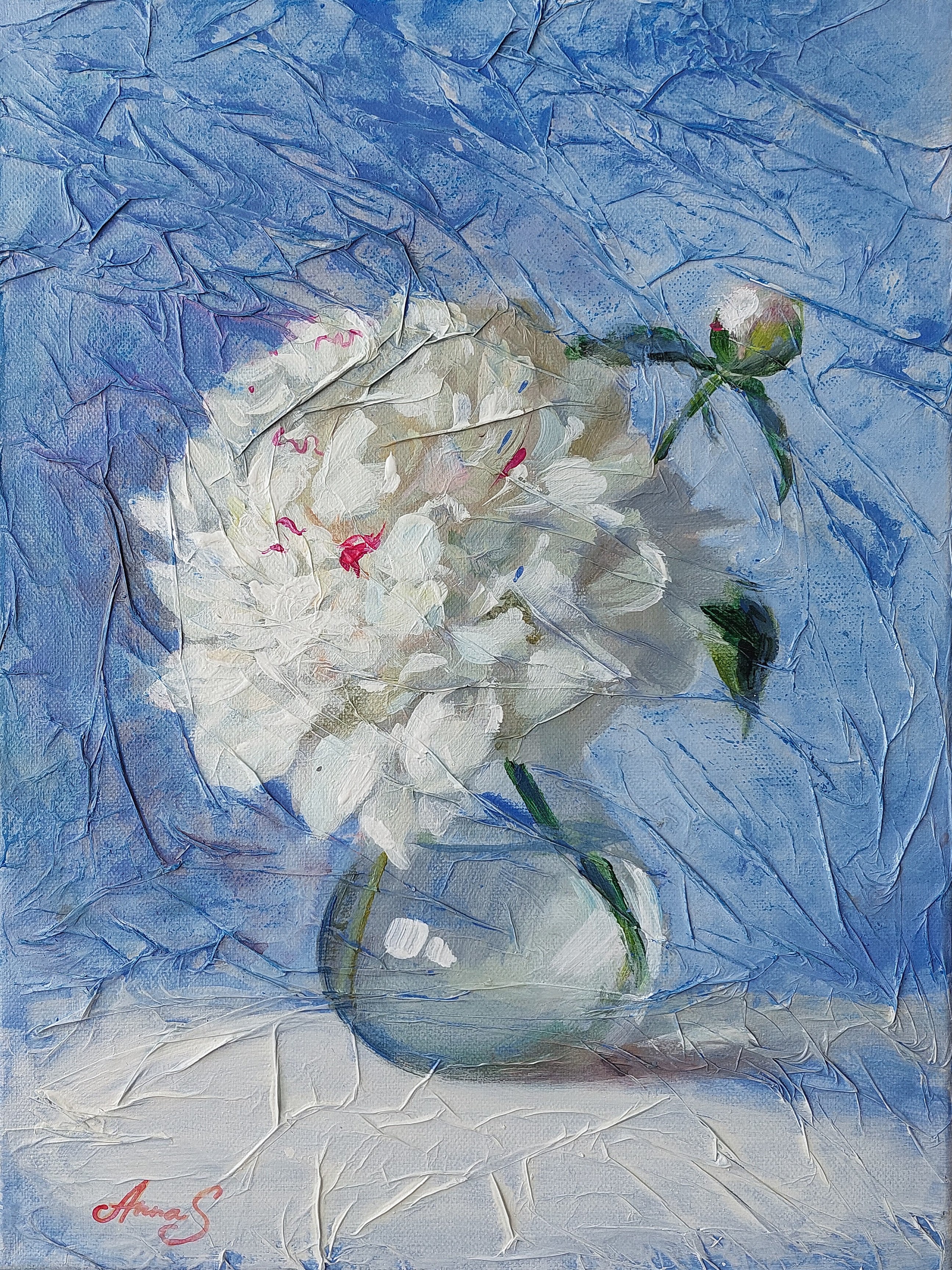 Impressionistic Botanical Acrylic Painting By Anna Silabrama, 12 X 16, - ?White Peony - ?, Original Artwork